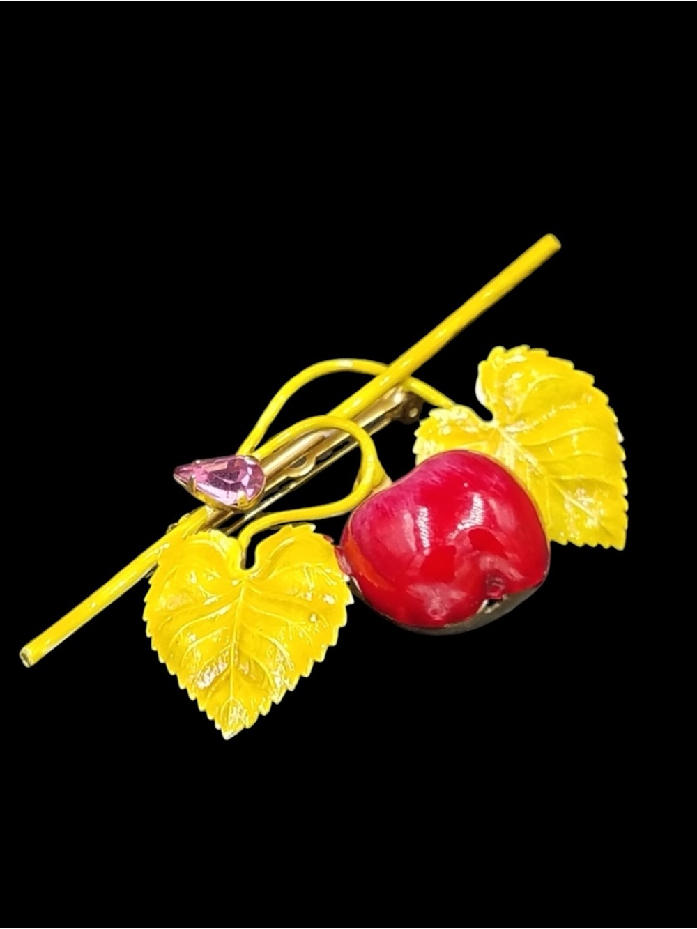 Vintage Enamel Cherry Leaves Brooch